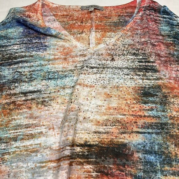 Jess & Jane Tunic Abstract Print Cold Shoulder Short Sleeve Studded Top LARGE - Picture 2 of 10